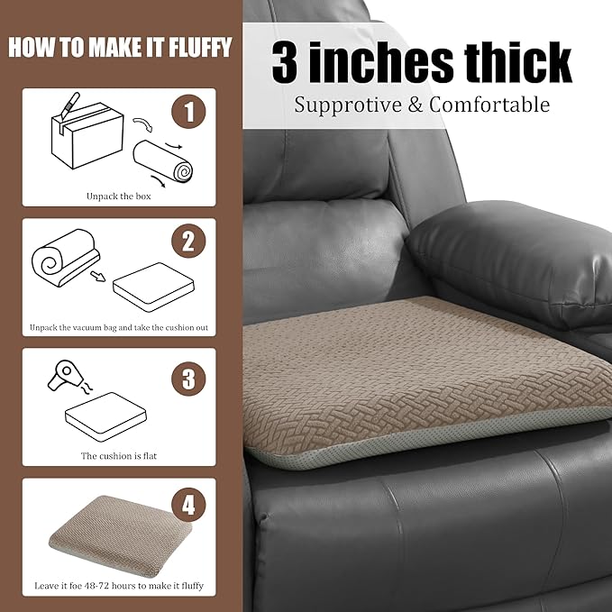 HOMBYS Tufted Furry Recliner Seat Cushion for Elderly Foam Curved Edge Large Square Seat Cushion for Recliner Chair, Floor Pillow, Office Chair, Car, No Pressure on Thighs(Brown)