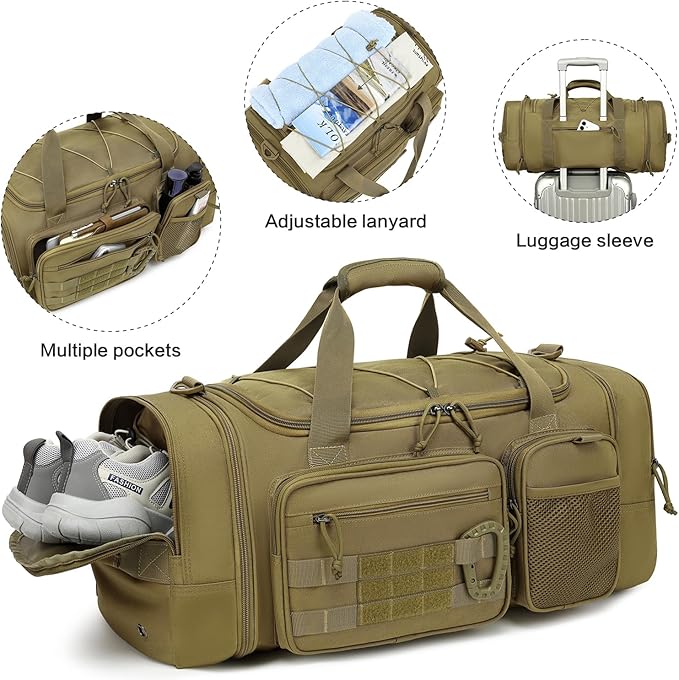 3 in 1 Tactical Gym Bag Backpack for Men 40-45L Expandable Travel Duffle Bag for Women Military Sport Duffel Bags Weekend Overnight with Shoe Compartment & Wet Pocket for Fitness, Brown