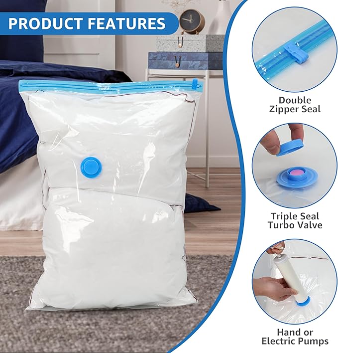 10 Jumbo Vacuum Seal Bags with Hand Pump, Vacuum Storage Bags, Space Saver Bags for Comforters, Blankets, Bedding, Pillows, Clothes