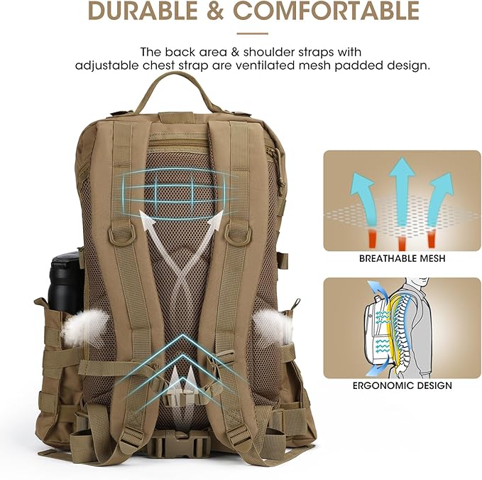 REEWBOW GEAR 40L Military Tactical Backpack For Men 3 Day Survival Heavy Duty Daypack MOLLE Bug Out Bag Hiking Rucksack (Tan with Bottle Holder)