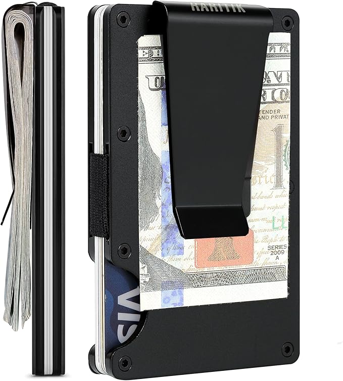 Minimalist Carbon Fiber Wallet for Men, Money Clip Cash Strap Wallet, RFID Blocking Metal Wallet Aluminum Card Holder,Front Pocket Wallet(Matte Black)