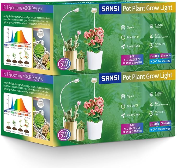 SANSI Grow Lights for Indoor Plants, Pot Clip-On Plant Light, 4-Pack | ETL Listed, 4-Level Dimmable, Auto On Off 3 6 12 Hrs Timer, Small Plants, Garden White, 5V USB Powered