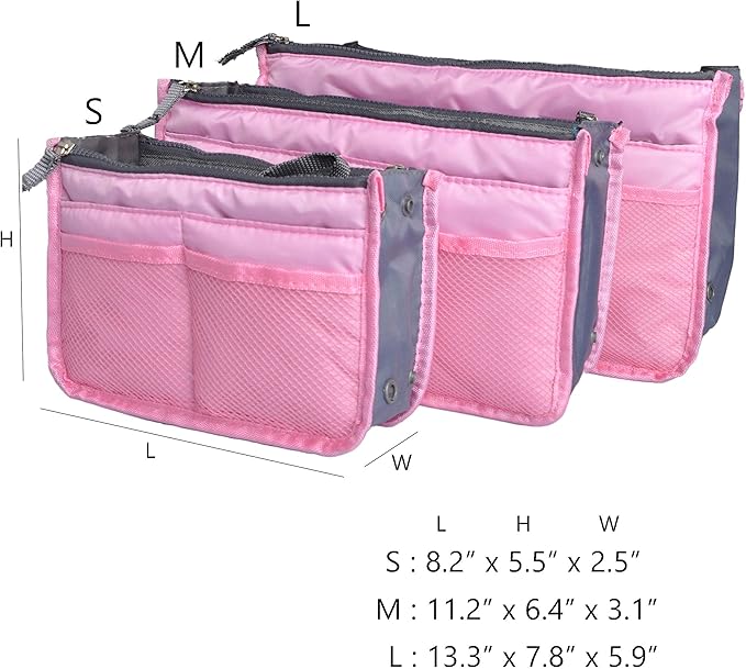 Vercord Purse Organizer Insert for Handbags Bag Organizers Inside Tote Pocketbook Women Nurse Nylon 13 Pockets Pink Medium