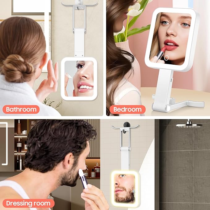 GOMIPURU Magnifying Travel Mirror with Light, 30X/1X Double-Sided Magnifying Mirror with 3 Color Lights, Brightness Adjustable, Foldable Handheld Makeup Mirrors Portable for Travel and Desktop Use