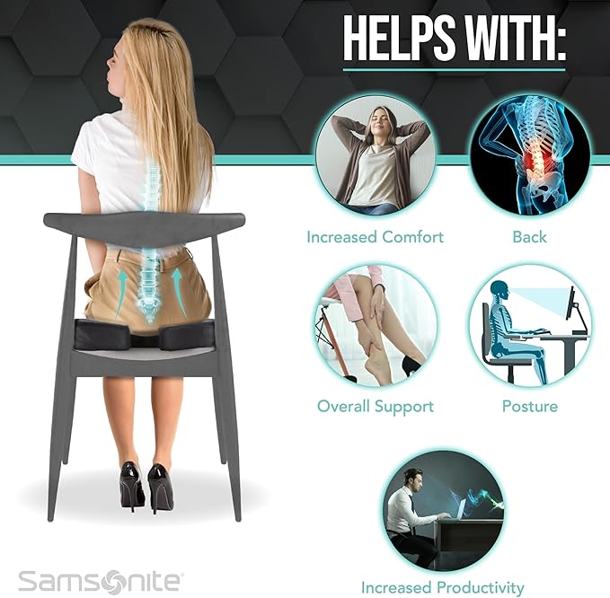 Samsonite Memory Foam Seat Cushion β Ergonomic Cushion for Office Chair, Tailbone Pressure Pad, Coccyx Support for Sciatica, Supportive Seat for Car, Desk, and Gaming Chairs, Black