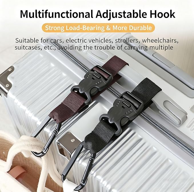 2 Pack Add a Bag Luggage Straps - Adjustable Suitcase Belts Travel Accessories - Jacket Gripper Arm Saver Easy to Carry Your Extra Bags (Black,Four Hooks)