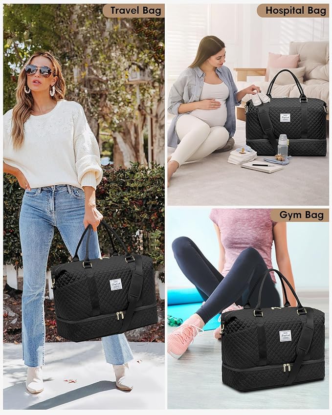 Women Overnight Weekender Bag - 40L Carry On Duffle for Airplanes with Shoe Compartment & Wet Pocket for Yoga Gym Waterproof Travel Tote with Toiletry Bag for Hospital Labor Delivery Black