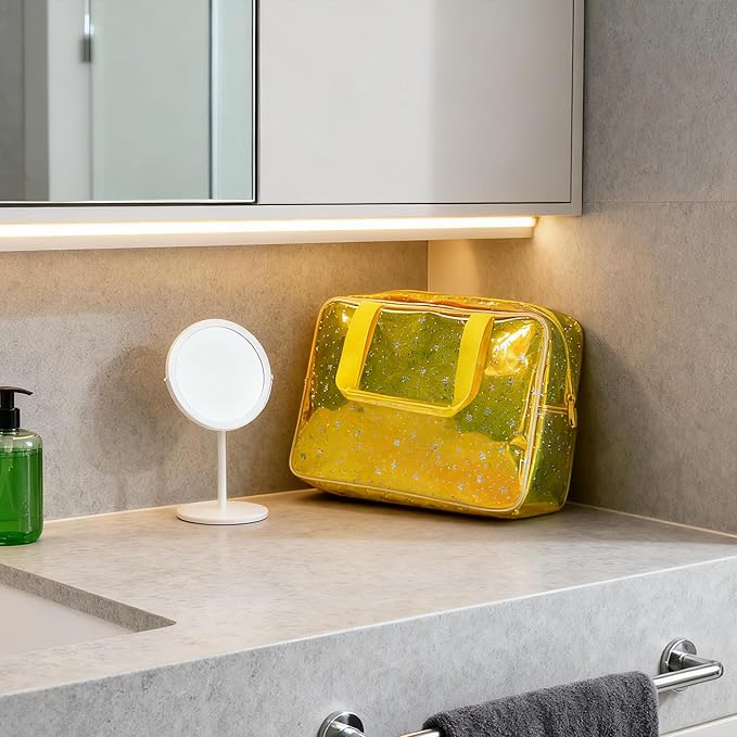 Holographic Yellow Clear Star Large Cosmetic Bag and TPU Travel Pouch with Handle,Durable Material,Zipper Design-Ideal for Makeup,Travel Essentials (Yellow)