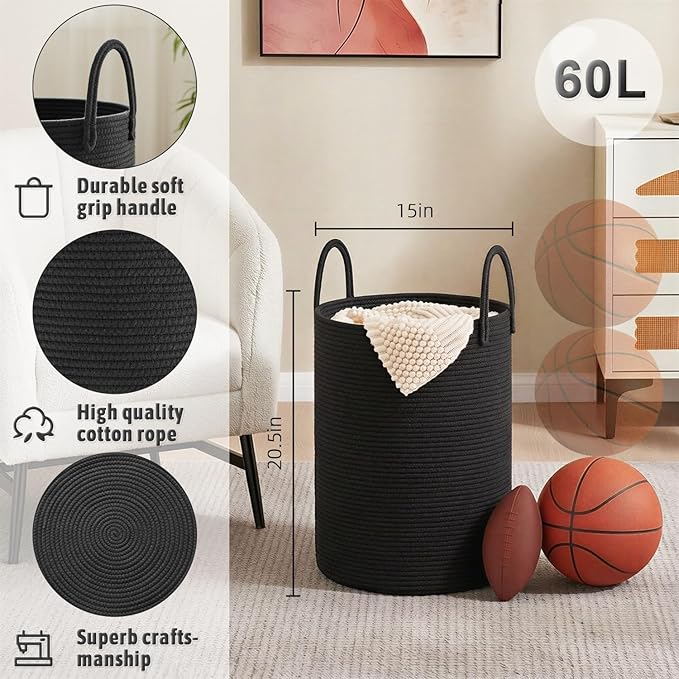 Laundry Basket,Woven Cotton Rope Laundry Hamper,60L for Decorative Storage of Dirty Clothes,Toys and Blankets in Bathroom,Baby Room and Living Room