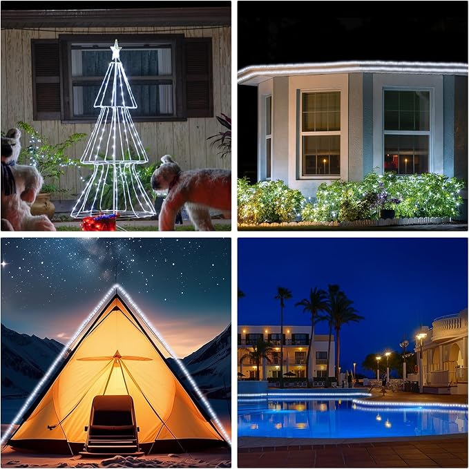 (New) Rope Lights Outdoor, 33FT 100LED 8 Light Modes Outdoor Tube Lights, IP65 Waterproof Copper Fairy String Lights for Garden Yard Porch Home Wedding Party New Year Holiday Decoration - White