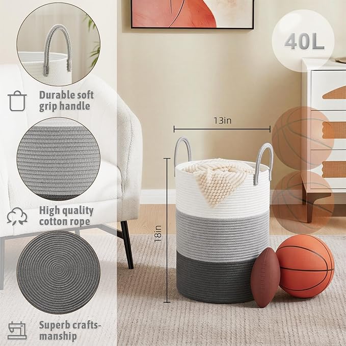 Laundry Basket,Woven Cotton Rope Laundry Hamper,40L for Decorative Storage of Dirty Clothes,Toys and Blankets in Bathroom,Bedroom and Living Room
