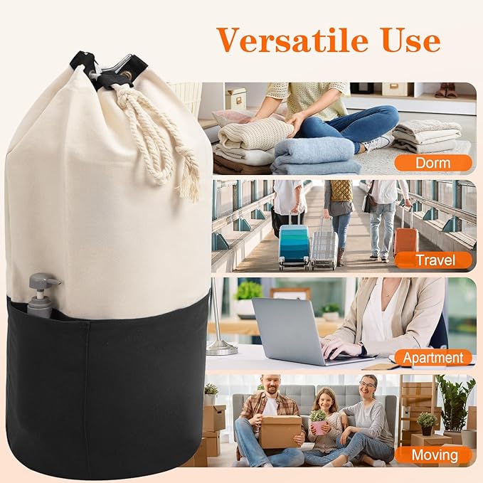 Black single-shoulder backpack-style laundry bag made of durable canvas material with a drawstring closure design, suitable for use at university, camping, laundromats, and apartments.