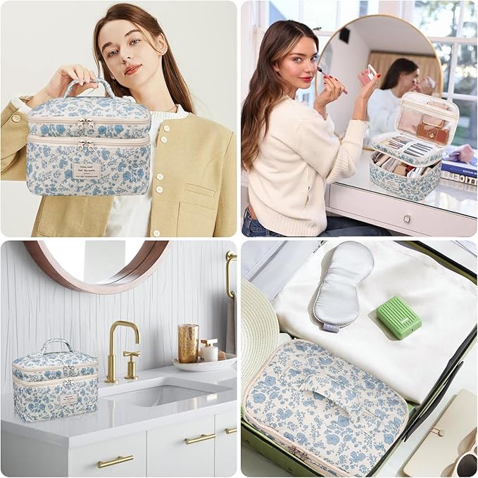 Makeup bag, Large Cosmetic Bag for Women Girls, Cute Quilted Makeup Bags, Floral Coquette Aesthetic Toiletry Bag, Travel Make Up Organizer Bag (Blue Bow)