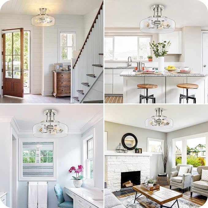 3-Light Semi Flush Mount Light Fixture, Modern Industrial Glass Ceiling Light with E26 Base, Metal Semi Flush Ceiling Light for Living Room Kitchen Bedroom Hallway Balcony, No Bulbs, Brushed Nickel