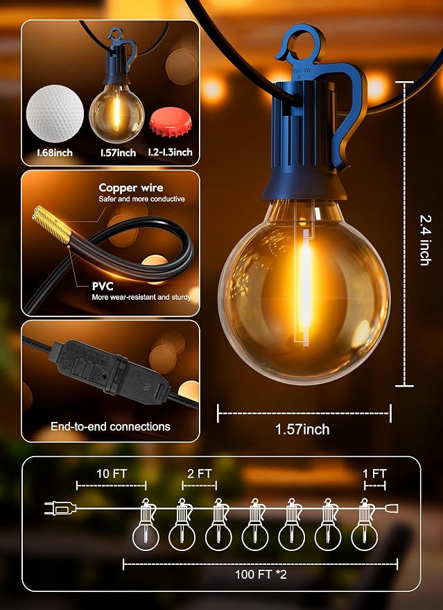 Outdoor String Lights, 200FT 100 LED Bulbs String Lights, IP65 Waterproof Connectable G40 Outside Patio Light for Backyard Porch Balcony Garden Decor Christmas Camping Gazebo