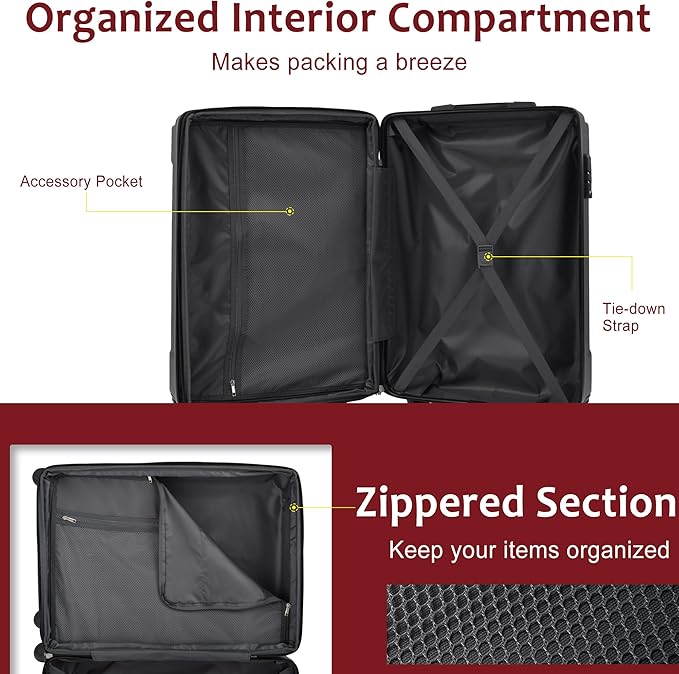 28 Inch Checked-Large Luggage, Lightweight ABS Hard Shell Suitcase with Spinner Wheels, Expandable Travel Luggage with Combination Lock & Side Hooks for Men Women (Red., 28)