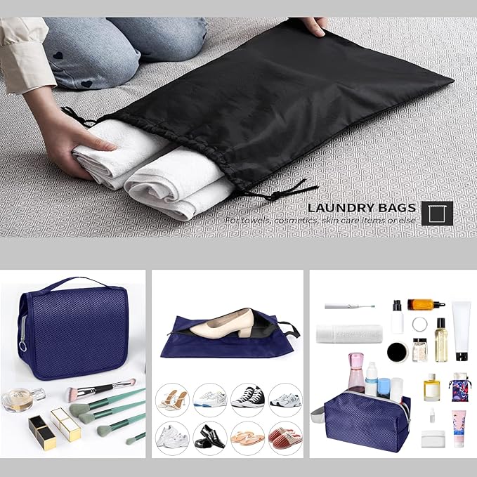 9-Set Packing Cubes with Hanging Bag | 9-Size Combination, Mesh Fabric & Reflective Stripe | Travel Luggage Organizers (Navy)