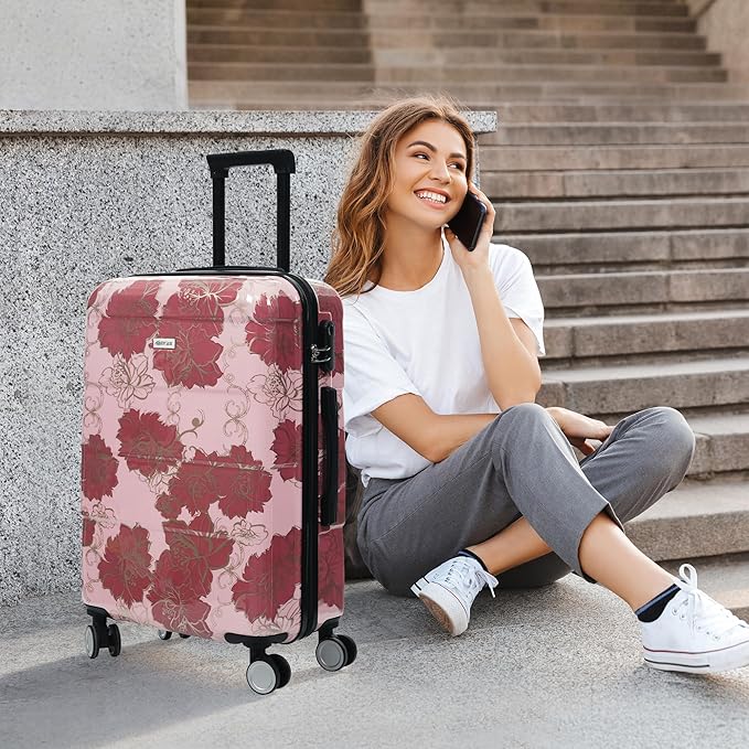 Merax 5 Piece Luggage Set with Spinner Wheels, Lightweight Printing Suitcase Set 8/14/20/24/28 inches, Durable Carry on Luggage with Handbag and Cosmetic Case Suitable all Ages,Purple Pink Flower