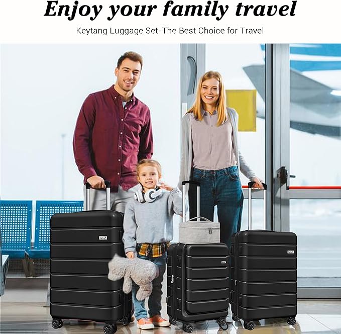 SmileLine 3-Piece Luggage Set Lightweight Hardside Suitcase TSA Lock Spinner Wheels, 20" Expandable Carry-On Luggage with Quick Access Front Open Pocket, Bonus Makeup Bag,Black
