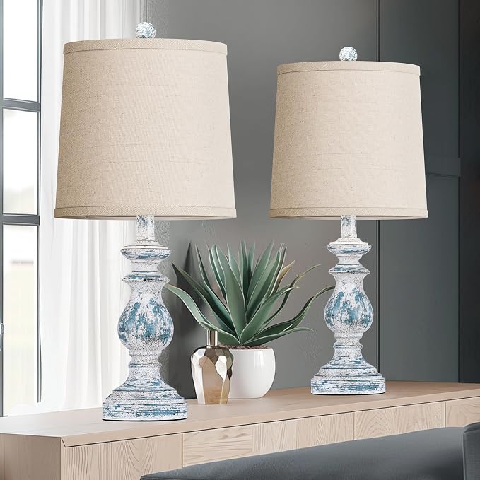 Traditional Table Lamp Set of 2, Rustic Farmhouse Table Lamps for Living Room Bedroom, 22" Bedside Desk Lamps Vintage Nightstand Lamps with Linen Shades, Washed Blue