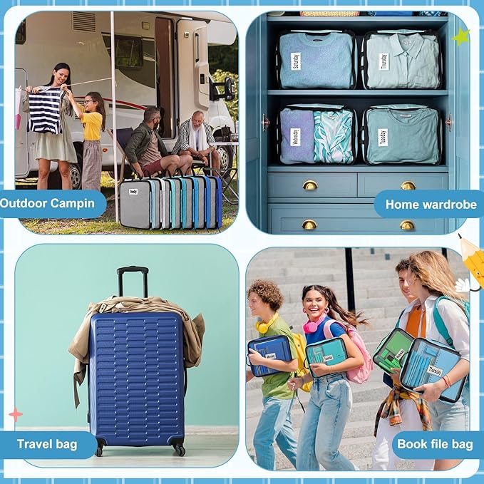 7 Pcs Packing Cubes for Travel Large Days of Week Compression Packing Cube with Labels Luggage Organizers Storage Bag(Blue)