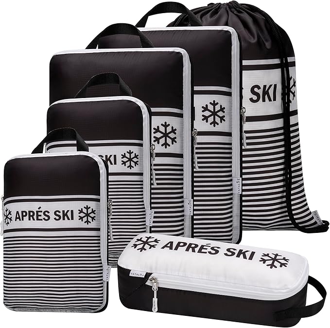 Apres Ski Compression Packing Cubes for Travel 6PC Set, Suitcase Organizer & Space Saver Bags for Luggage with Drawstring Backpack, Apres Ski Bags