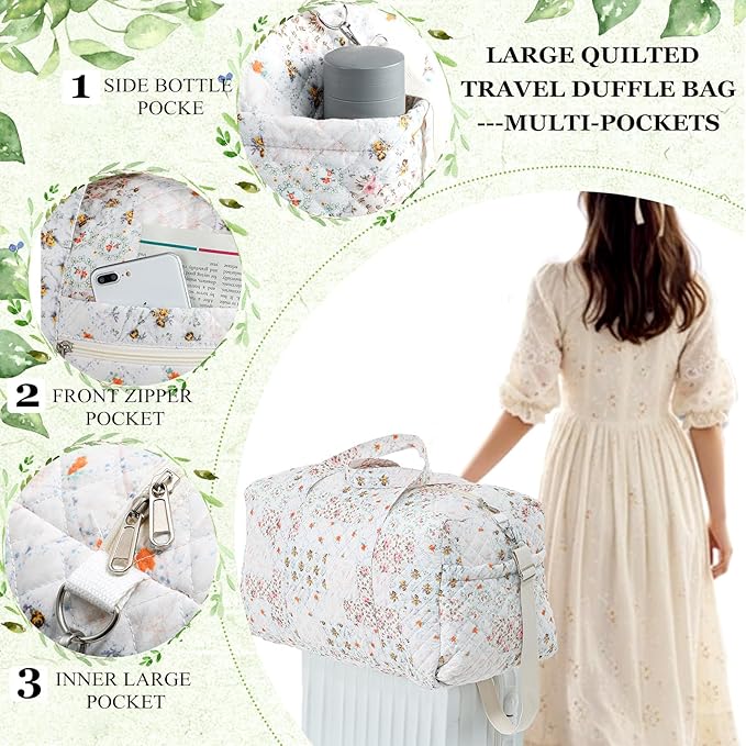 Large Quilted Travel Duffle Bag for Women Floral Portable Gym Weekender Bag with Zipper Pockets Workout Grocery Pouch Duffle Gift Pouch for Work(Light Colored Spliced Floral)