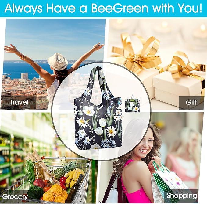 BeeGreen Floral Reusable Grocery Bags Bulk 6 Packs X-Large50LBS, Reusable Shopping Bags Foldable for Groceries, Vegetables, Fruits Bulk Tote Bags Washable For Women Men