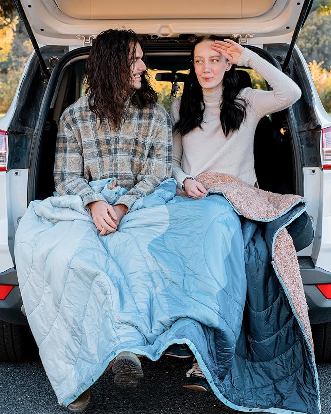 KingCamp Large Camping Blanket with Sherpa Lining, Packable Down Alternative Puffy Printed Wearable Blanket with Snap Buttons, Warm Weatherproof Quilt for Outdoor Travel (79" L x 57" W, Cyan)