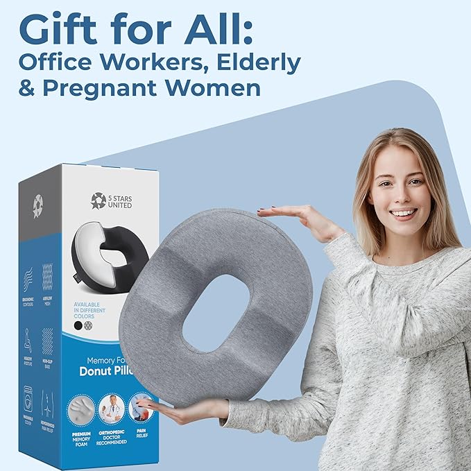 5 STARS UNITED Donut Pillow Hemorrhoid Tailbone Cushion ā Large Floor Cushion for Pain Relief ā Coccyx, Prostate, Sciatica, Pelvic Floor, Pressure Sores, Pregnancy, Postpartum Recovery, Gray