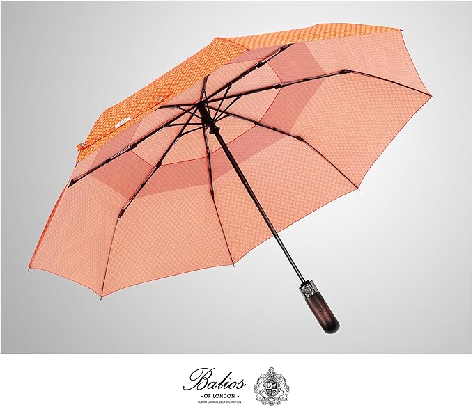 Balios Travel Folding Umbrella with Real Wood Handle Auto Open Close Vented Windproof Canopy - Designed in UK