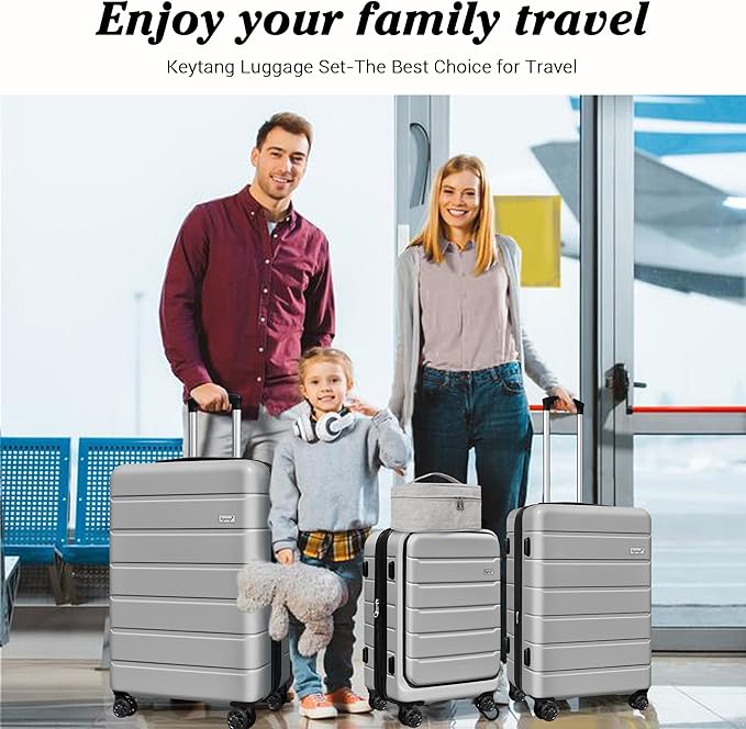 SmileLine 3-Piece Luggage Set Lightweight Hardside Suitcase TSA Lock Spinner Wheels, 20" Expandable Carry-On Luggage with Quick Access Front Open Pocket, Bonus Makeup Bag,Silver
