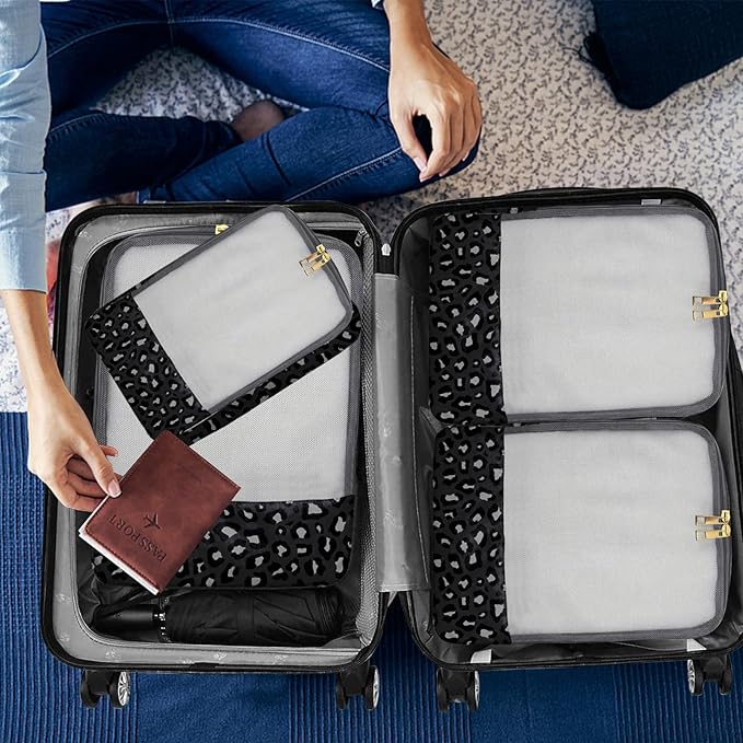 4 Set Packing Cubes Travel Luggage Organizers for Suitcase Travel Accessories for Women Girls Aesthetic Cute-Black Leopard Cheetah Pattern