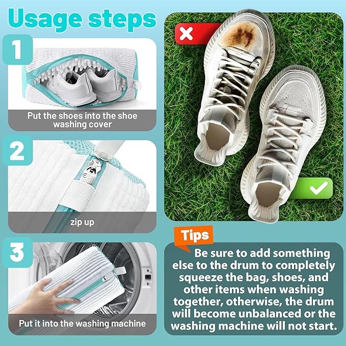 XXL Shoe Washing Machine Bag, Laundry Shoe Bag for Washer and Dryer, Laundry Shoe Bag Protect Sneaker, Running Shoes, Bras, Delicates and Toys, Includes 2 Shoes (White 1 Pack)
