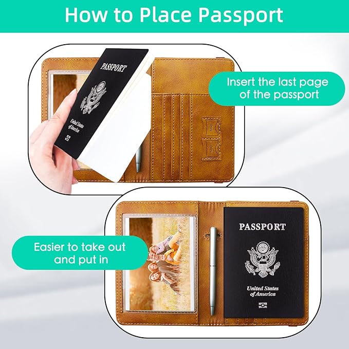 WALNEW Passport Holder for Travel, RFID Passport Cover Wallet for Women Men, PU Leather Passport Book Card Holder Case with Pen (Upgraded, Upgraded-Brown)