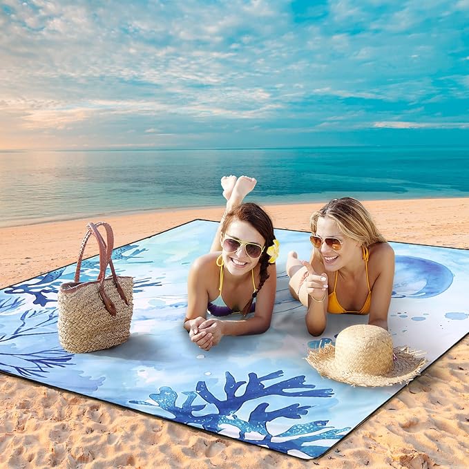 HIHOHO Beach Blanket Waterproof Sandproof Beach Mat for 1-8 Adults Quick Drying Durable Outdoor Picnic Mat for Beach Festival Travel Camping Hiking (Jellyfish, 79"×83"(4 Person))