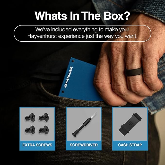 Hayvenhurst Wallet For Men - Reinvented Design Men's Wallet - Slim, Minimalistic & Seamless, Blocks RFID Scanners with a Cash Strap (Navy)