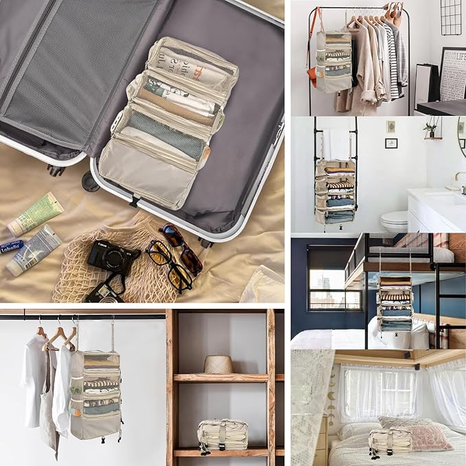 Surblue Travel Hanging Luggage Organizer Portable Suitcase Closet Organizer Multiple Compartments Collapsible Compression Packing Cubes Shelf, Beige, S