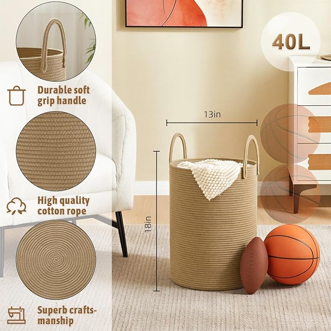 Laundry Basket,Woven Cotton Rope Laundry Hamper,40L for Decorative Storage of Dirty Clothes,Toys and Blankets in Bathroom,Baby Room and Living Room