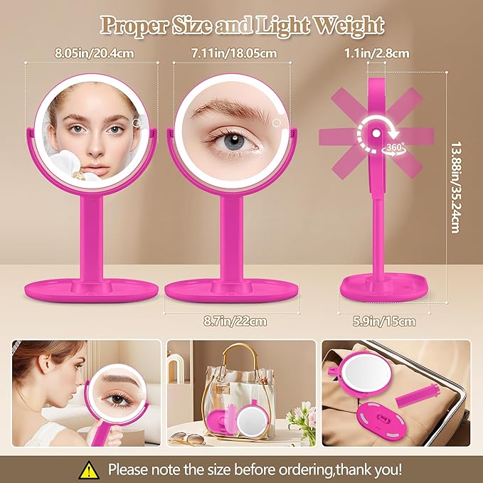MOMOKUBA Makeup Mirror with Lights, Double Sided 1x/20x Magnifying Mirror with Light, Rechargeable 3 Color Lights and Adjustable Brightness, 360° Rotation Detachable Comes with Tweezer(Hotpink)