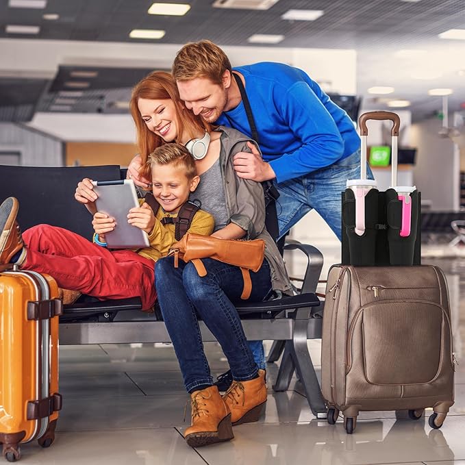 Luggage Cup Holder for Suitcases, Compatible with 30-40 Oz Stanley Tumblers, Foldable Luggage Cup Holder with Phone & Ticket Pocket, Waterproof Hands-Free Travel Accessory (Black)