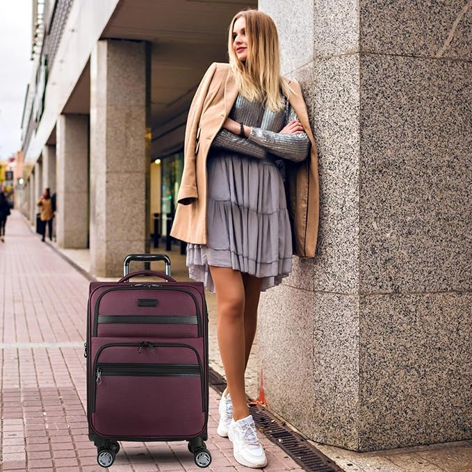KROSER Softside Expandable Carry On Luggage with Front Business Pockets,20 Inch Suitcases with Spinner Wheels & Built-in TSA Lock, Durable Suitcase Rolling Luggage with USB Port, Burgundy