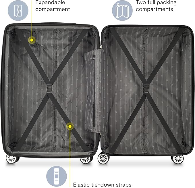 DELSEY PARIS Margot Hardside 3-Piece Set, Expandable Luggage with 4 Spinner Wheels, Lightweight Suitcase, 21" Carry-On, 24" Checked Medium, 28" Checked Large, Black