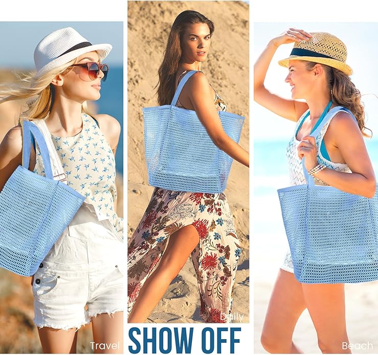Beach Bags for Women, Summer Travel Mesh Tote Bag with Large Inner Pocket, Sandproof Woven Shoulder Handbag