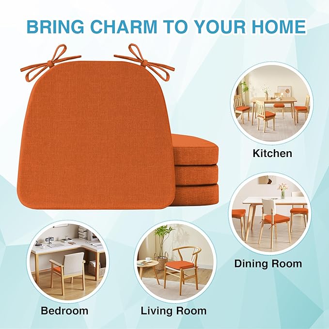 Chair Cushions for Dining Chairs Set of 4, Non Slip Kitchen Chair Pads, 17" x 16" x 2", Indoor Dining Chair Cushions with Ties, D-Shaped Seat Cushions for Kitchen Chairs, Orange