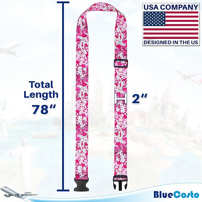 Luggage Straps for Suitcases - TSA Approved - Pink Geometric, 2 PK - Premium Belts for Suitcase, Briefcase & Travel Bag - Adjustable Strap Length 41" - 78"