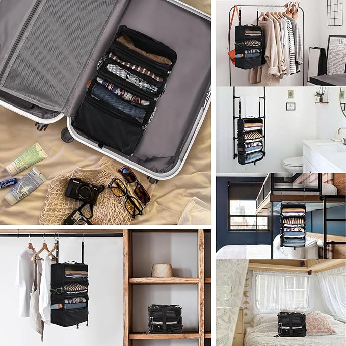 Surblue Travel Hanging Luggage Organizer Portable Suitcase Closet Organizer Multiple Compartments Collapsible Compression Packing Cubes Shelf, Black, S