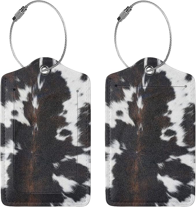 Cow Print Luggage Tags Set of 2 Leather Stainless Steel Loop Label Tag for Travel Bag Suitcase