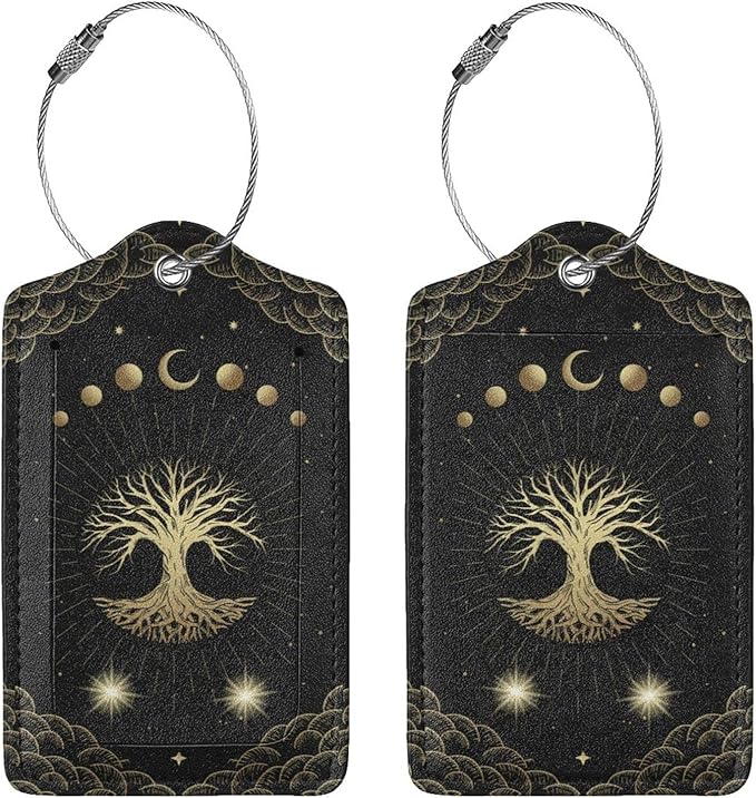 Magic Moon Tree Luggage Tags Set of 2 Leather Stainless Steel Loop Label Tag for Travel Bag Suitcase
