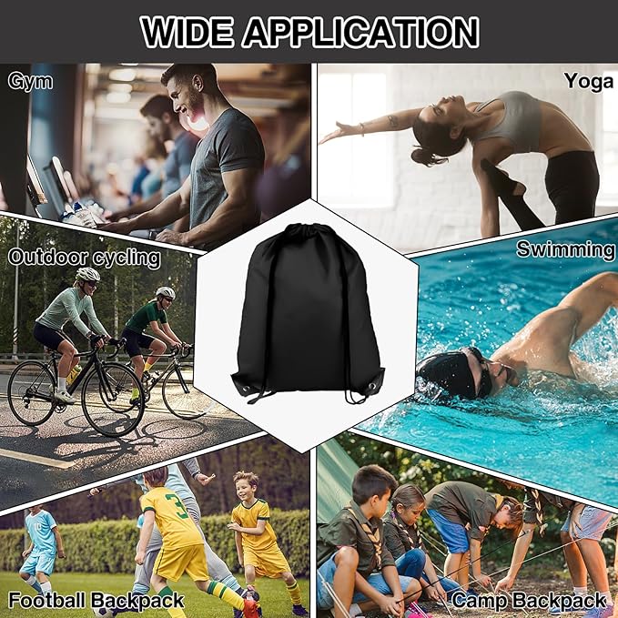 6Pcs Drawstring Backpacks, Medium, Black, Sports, Gym, Travel, Swimming, Beach